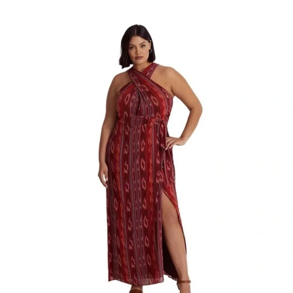 Lauren Ralph Lauren Geo Striped Georgette Halter Gown Size 18 NWT - Picture 1 of 8